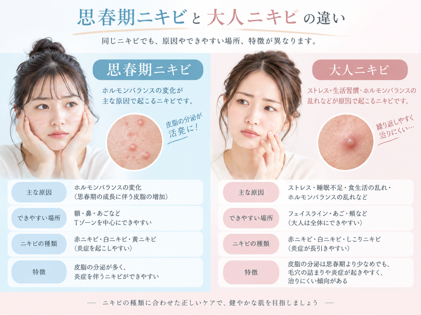 思春期ニキビと大人ニキビの比較